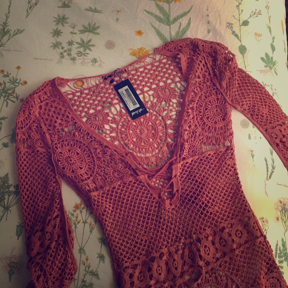 Crochet It Forward Lace-up Mini Dress in Rose